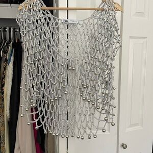 Zara Silver Beaded Mesh Top